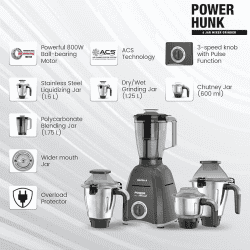 Havells Power Hunk Mixer Grinder | 800 watt | 4 Jars | Grey