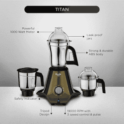Preethi Titan Mixer Grinder | 3 Jars | 1000W | Black | MG-283