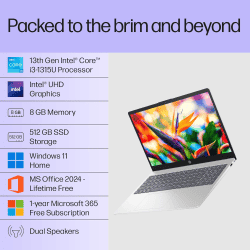 HP 15 Laptop |  Intel Core i3 13th Gen 1315U | 8GB | 512GB SSD |  Natural Silver | 15-FD0465TU