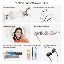 realme Buds Wireless 5 ANC Neckband | 50dB ANC | 13.6mm | Midnight Black
