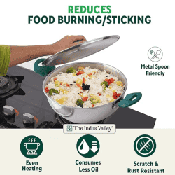Indus Valley Stainless Steel Capsule Bottom Kadai with Green Bekelite and Handle | 26 cm | Silver