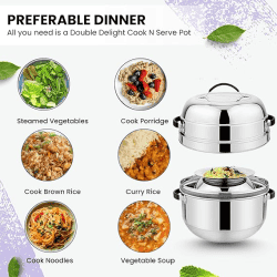 Prabha Double Delight Cook N Serve  Thermal Rice Cooker | Stainless Steel | Choodarapetty with Pot | 1.5 kg