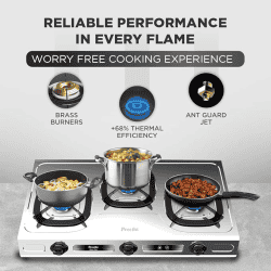 Preethi Glory Plus | Stainless Steel Gas Stove | 3 Burner
