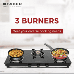 Faber Spark 3BB BK Gas Stove | 3 Burners | Brass Burners | Black