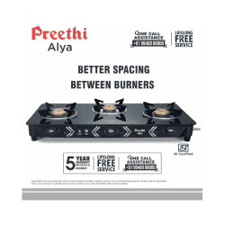 Preethi Alya 2.0 Glass Top Gas Stove | 3 Burner | Manual Ignition