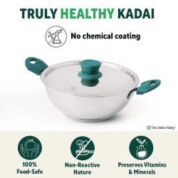The Indus Valley Stainless Steel Capsule Bottom Kadai with Green Bekelite Handle | 22 cm