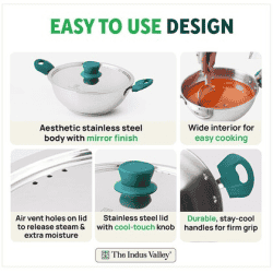 The Indus Valley Stainless Steel Capsule Bottom Kadai with Green Bekelite Handle | 22 cm