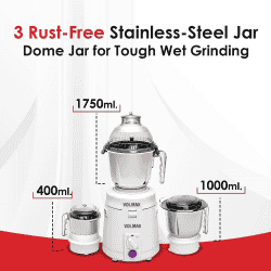 Volmax Ultra Dynamix Mixer Grinder | 900 Watts | 22000 Rotations Per Min | 3 Versatile Jars | White