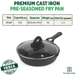 The Indus Valley Pre-Seasoned Cast Iron Fry Pan | Skillet with Glass Lid | 8 inch