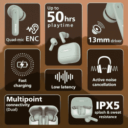 Philips Truly Wireless Earbuds with ANC | 13mm Neodymium Drivers | Ultra Low Latency | Frosty Green | TAT1050GN/94
