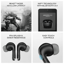 boAt Airdopes 213 Wireless Earbuds | with 50 Hours Playback | BEAST Mode & ENX Calling | Shadow Black