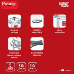 Prestige Popular Svachh | Combi Pack of 2 Controls Spillage-Deep Lid | 5 L, 3 L | Aluminium