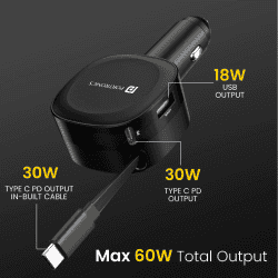 Portronics Car Power Flexo | 60W | 18W USB Type A | 30W Type C | 30W Retractable Type C Cable | POR 1877