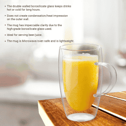 Treo by Milton Double Wall Glass Beer Mug with Handle | 1 Piece | 450 ml | Transparent