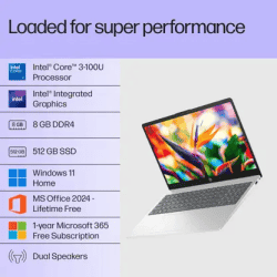 HP 15 Thin and Light Laptop | Intel Core 3 | 14th Gen | 8 GB | 512 GB SSD | 15.6 Inch | Natural Silver | 15-FD1225TU