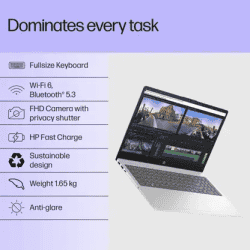 HP 15 Thin and Light Laptop | Intel Core 3 | 14th Gen | 8 GB | 512 GB SSD | 15.6 Inch | Natural Silver | 15-FD1225TU