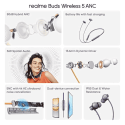 realme Buds Wireless 5 ANC in-Ear Bluetooth Headphones | Twilight Purple | RMA2412