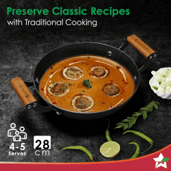 Wonderchef Ferro Cast Iron Kadhai | 28cm | Acacia Wooden Handles