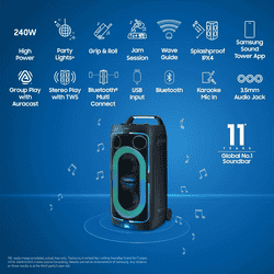 Samsung 240 W Bluetooth Party Sound Tower | with in-Built Battery | Party Lights | Splashproof IPX4 | Waveguide | USB Input | Black | MX-ST50F/XL