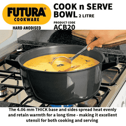 Hawkins Futura Cook n Serve Bowl | 2 Litre | Hard Anodised Saucepan | Hard Anodised Lid | Black | ACB20