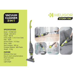 HEUGOR Storm Vac 900W 3-in-1Vacuum Cleaner | 14.5 kPa Suction | 600ml Dust Bin | Multi-Surface Cleaning | Compact for Home & Car