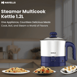 Havells Steamor Multicook Kettle | 1.2 L | Food Grade Body with Cool Touch Handle | Multicolor