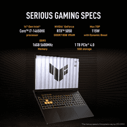 ASUS TUF Gaming Laptop F16 | Intel Core i7 Processor 14650HX | 16GB | 1TB | Jaeger Gray | FX608JHR-RV135WS
