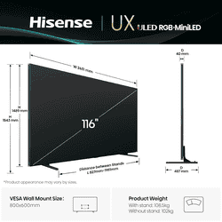 Hisense Class RGB MiniLED ULED Premium X Series 4K UHD Google Smart TV | 116 Inch | RGB Backlight MiniLED Up to 8000 nits  3D Color Master Pro | 116UX