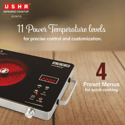 Usha Infrared Induction Cooktop | 2200W | 4 Preset Menus | Black | IR2200TCB