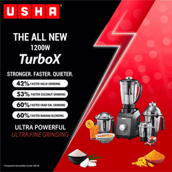 USHA TurboX Mixer Grinder | 1200W | Faster and finer grinding | 4 Jars | Black