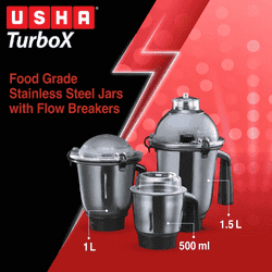 USHA TurboX Mixer Grinder | 1200W | Faster and finer grinding | 4 Jars | Black