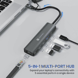 Portronics Mport Edge High-Speed Connectivity Hub | Type-C Charging Support | 5 Ports Dual USB Hub | Grey | POR 2931