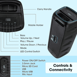 Zebronics Zeb Barrel 200 Bluetooth Portable Speaker with Wireless Mic | 40 W | Black