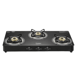 Prestige Royale Plus GT 03L Toughened Black Glass Top Gas Stove | 3 Brass Burners | Black