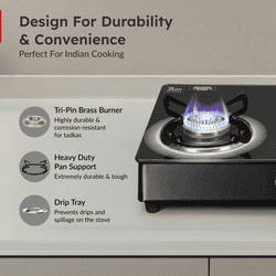 Prestige Royale Plus GT 03L Toughened Black Glass Top Gas Stove | 3 Brass Burners | Black