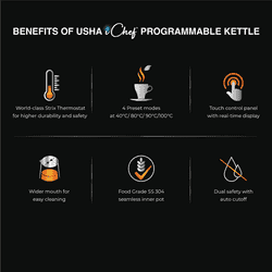 Usha ICHEF Programmable Electric Kettle | Digital LED Display and Touch Control | 1.5 L | Black
