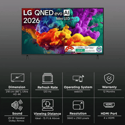 LG QNED evo AI 4K Ultra HD MiniLED Smart TV | 217 Cm ( 86 Inch ) | 2026 Model | Black | 86QNED85BLA