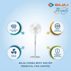 BAJAJ Midea BP-07 Pedestal Fan | 400 mm 3 Blade | White
