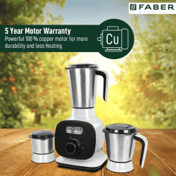 Faber 800W Mixer Grinder with 3 Stainless Steel Jar FMG Candy 800 3J BW | White