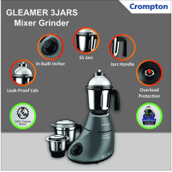 Crompton Greaves Crompton Gleamer 750-Watt Mixer Grinder | GLEAMER750X3J | Grey Black