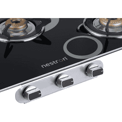 Nestron Nuclea 3 Burner | High Powered Brass Burner Gas Stove | Cooktop with Glass Top and Stainless Steel Body