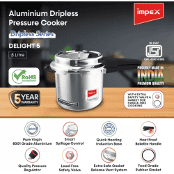 IMPEX DELIGHT | 5 Virgin Aluminium Dripless |  5 L | Induction Bottom Pressure Cooker | Aluminium