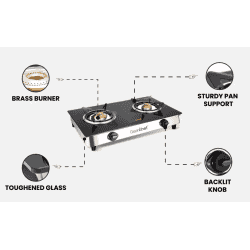 Greenchef NAMO Series Glass Manual Gas Stove | 2 Burners | Black