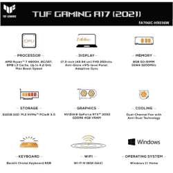 ASUS TUF Gaming A17 with 90Whr Battery Ryzen 7 Octa Core AMD R7-4800H | 8 GB/512 GB SSD | FA706ICB-HX061W | Graphite Black