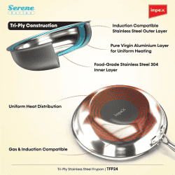 IMPEX Serene Triply Fry Pan | 24 cm diameter | 1 L capacity | Stainless Steel