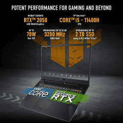 ASUS TUF  Gaming Laptop | FX506HF-HN024W |  F15, Intel Core i5-11400H 11th Gen |15.6-inch | FHD 144Hz | 8GB/512GB SSD/4GB NVIDIA GeForce RTX 2050/Win 11/ RGB Backlit KB | Black