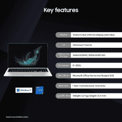 Samsung Galaxy Book2 NP750  FHD T&L Laptop | NP750XED-KC2IN | Intel 12th Gen core i7 | 16 GB/512 GB/Win 11/MSO 21/Backlit Keyboard/Fingerprint Reader | Silver | NP750XED-KC2IN