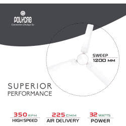 Polycab Airika BLDC 3 Blade Ceiling Fan | 1200 mm | White