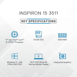 DELL/Inspiron Intel Core i5/11th Gen 1135G7/(8 GB/512 GB SSD/Windows 11 Home)/Inspiron 3511/Thin and Light Laptop/(15.6 inch, Carbon Black, 1.8 kg, With MS Office)