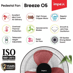 IMPEX Breeze O5 Pedestal Fan | 400 mm | 3 Blade | Black